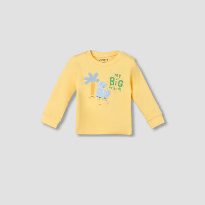 Juniors Cotton Crew Neck Long Sleeves Pyjama Set with Dinosaur Applique