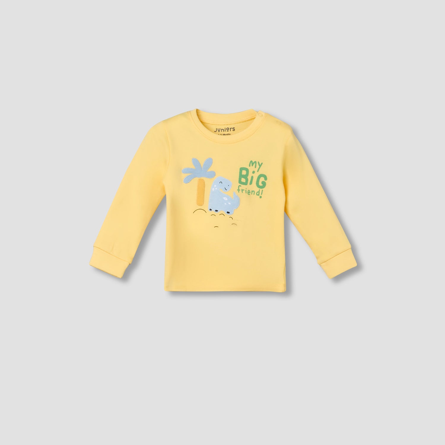 Juniors Cotton Crew Neck Long Sleeves Pyjama Set with Dinosaur Applique
