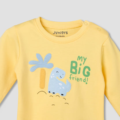 Juniors Cotton Crew Neck Long Sleeves Pyjama Set with Dinosaur Applique