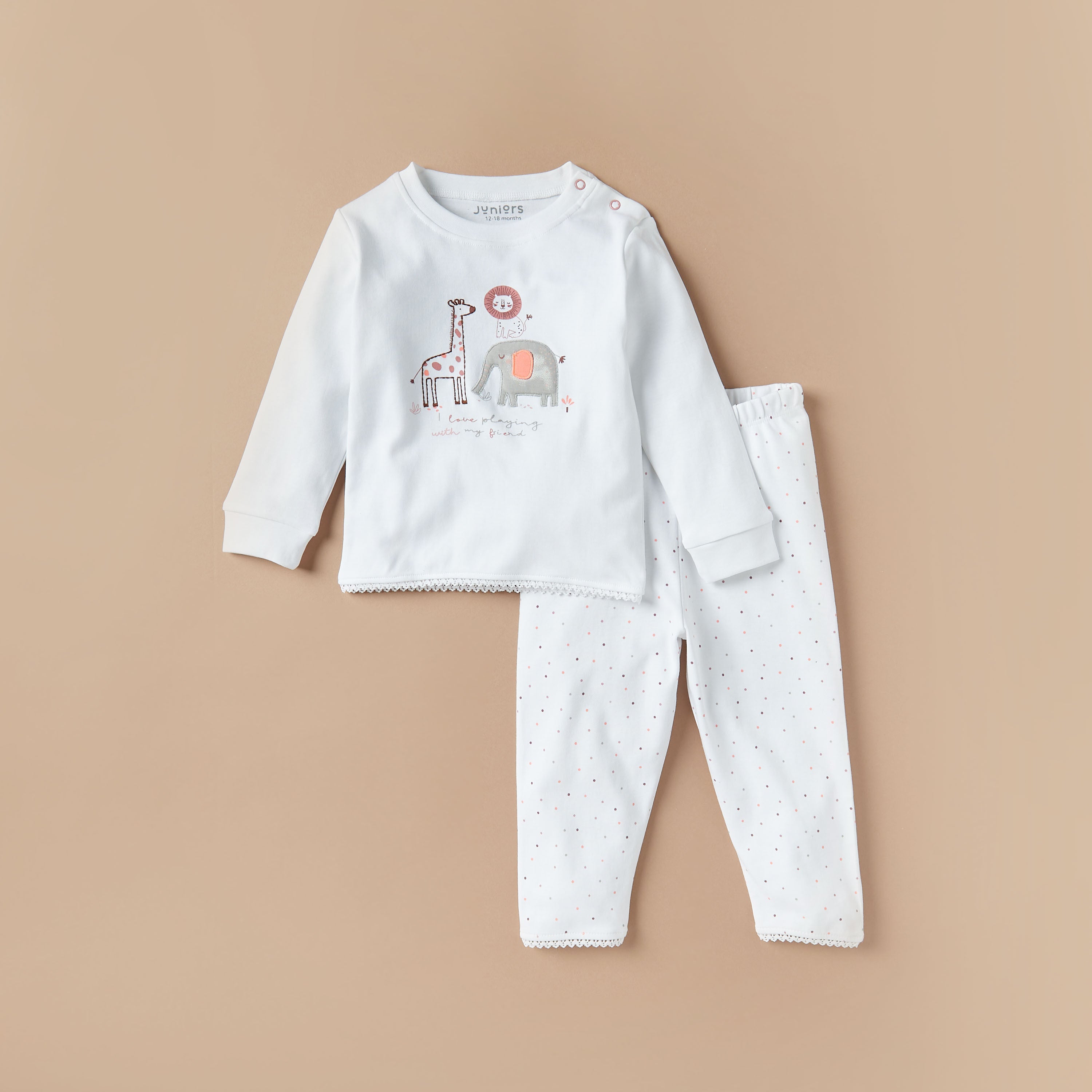 Juniors Cotton Crew Neck Long Sleeves Pyjama Set with Print - White / 12-18 mths