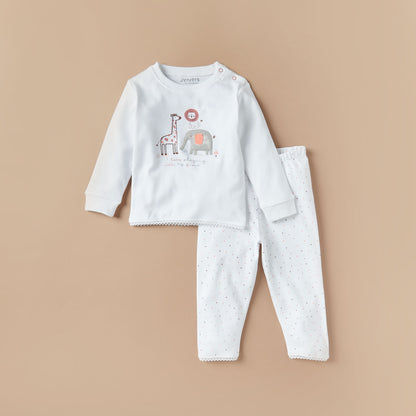 Juniors Cotton Crew Neck Long Sleeves Pyjama Set with Print - White / 12-18 mths
