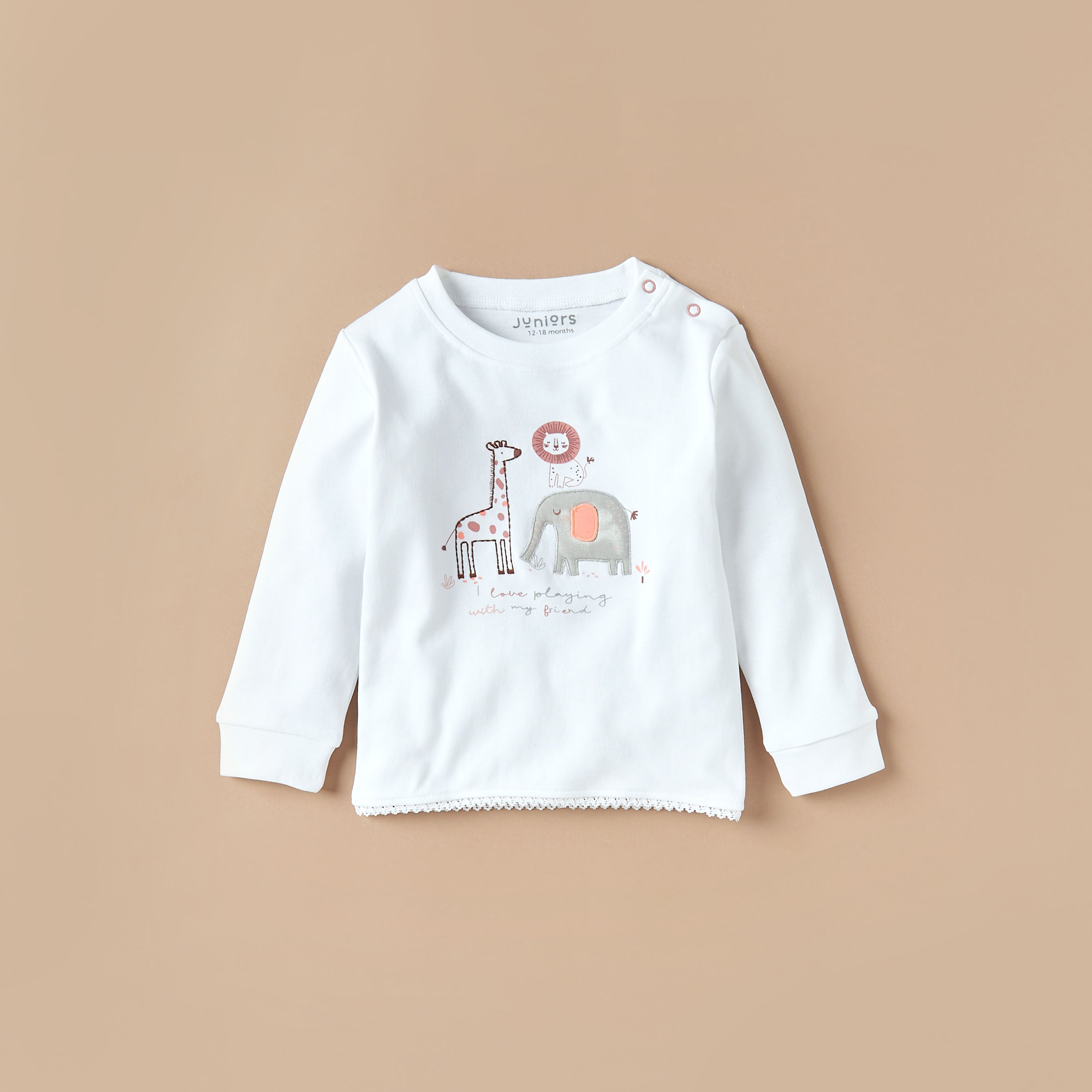 Juniors Cotton Crew Neck Long Sleeves Pyjama Set with Print