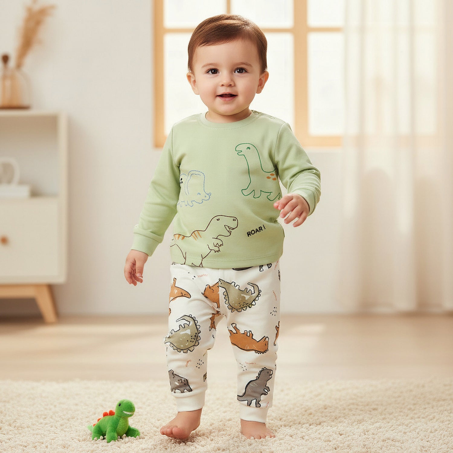 Juniors Cotton Crew Neck Long Sleeves Pyjama Set with Dinosaur Print - Multicolour / 12-18 mths