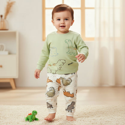 Juniors Cotton Crew Neck Long Sleeves Pyjama Set with Dinosaur Print