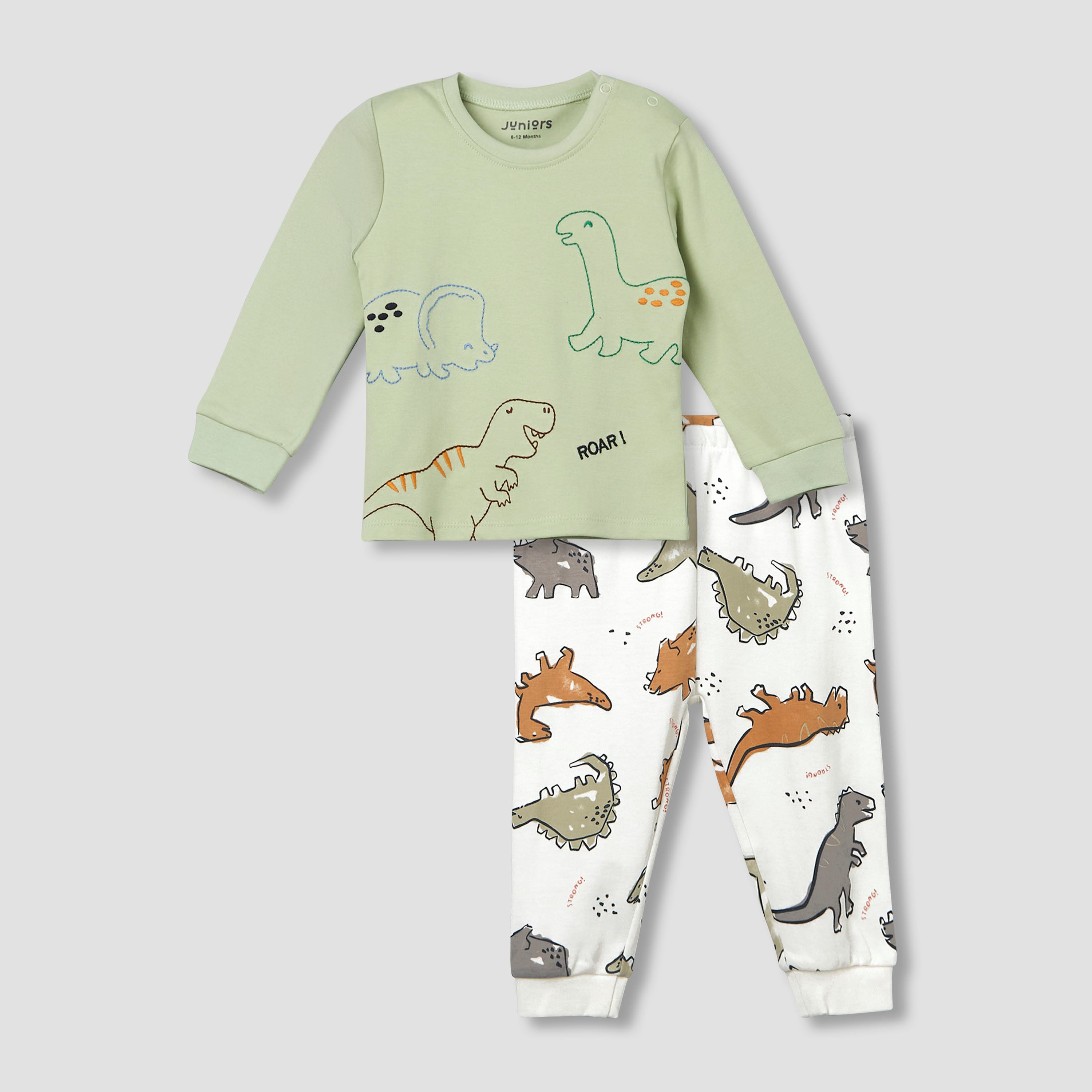 Juniors Cotton Crew Neck Long Sleeves Pyjama Set with Dinosaur Print