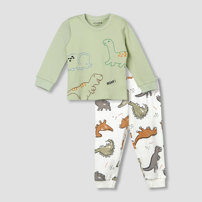 Juniors Cotton Crew Neck Long Sleeves Pyjama Set with Dinosaur Print