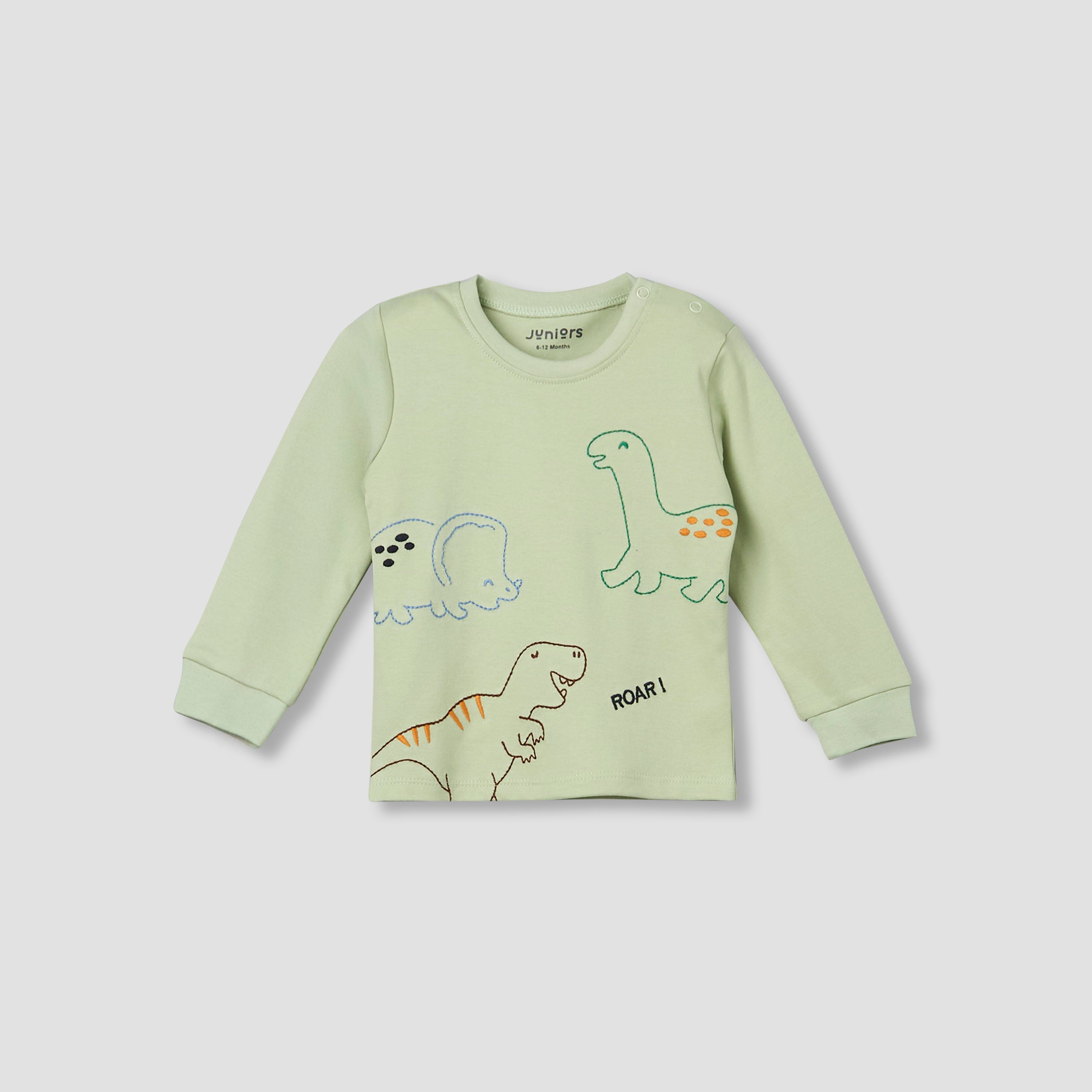 Juniors Cotton Crew Neck Long Sleeves Pyjama Set with Dinosaur Print