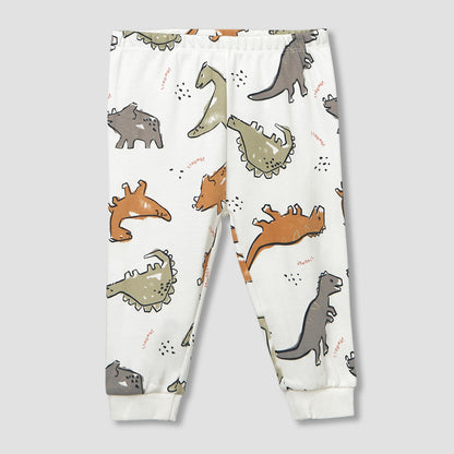 Juniors Cotton Crew Neck Long Sleeves Pyjama Set with Dinosaur Print