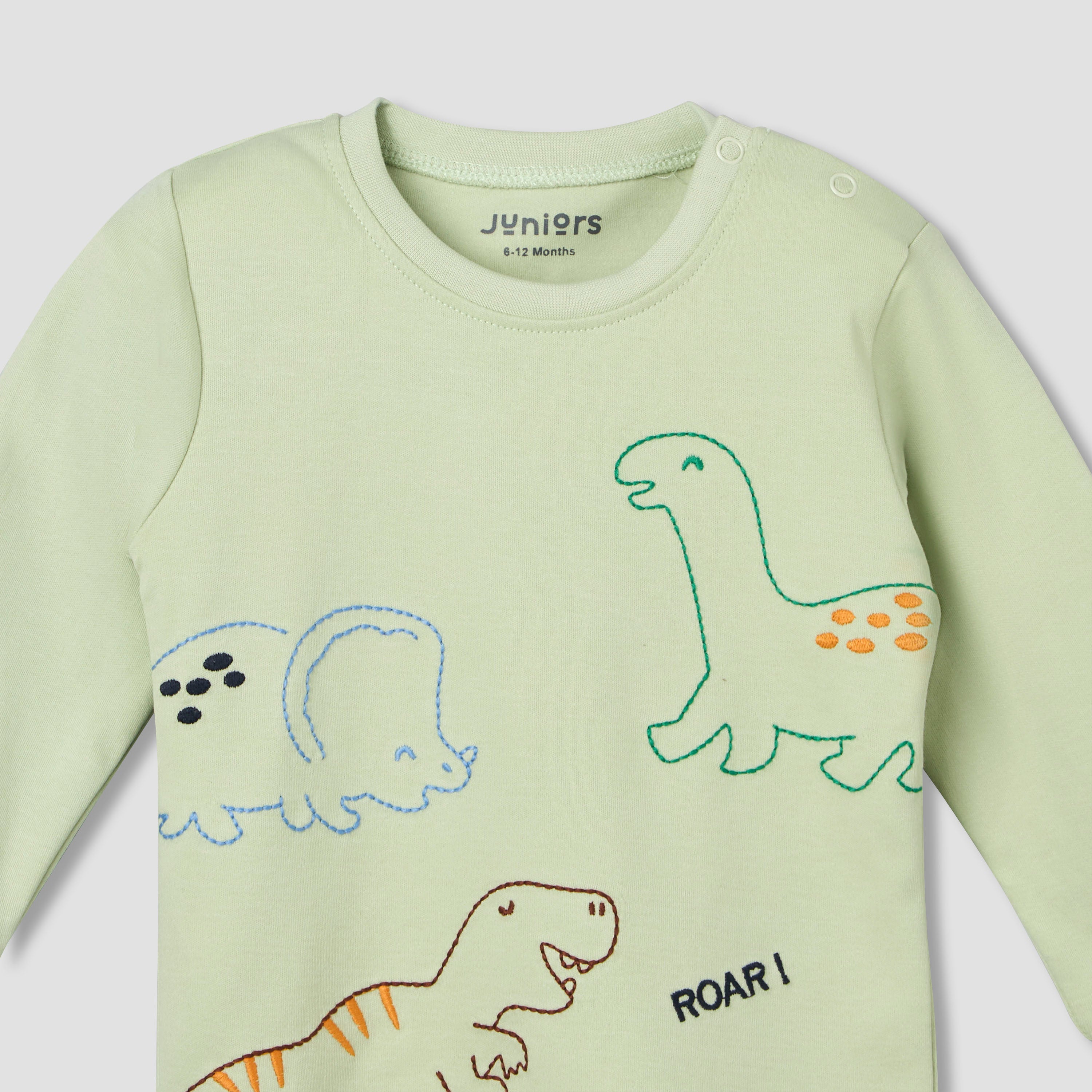 Juniors Cotton Crew Neck Long Sleeves Pyjama Set with Dinosaur Print