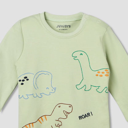 Juniors Cotton Crew Neck Long Sleeves Pyjama Set with Dinosaur Print