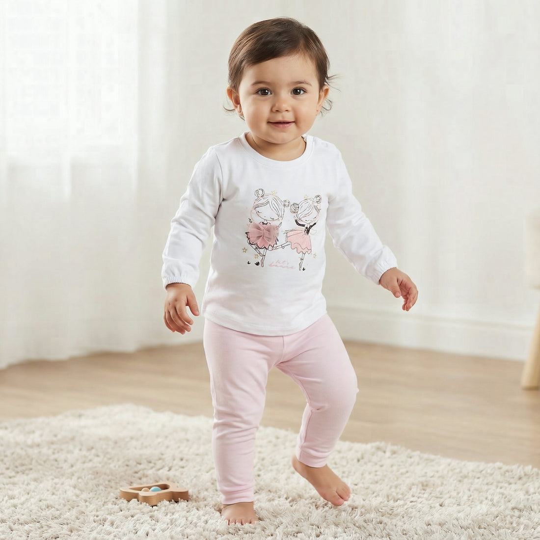 Juniors Cotton Round Neck Long Sleeves Pyjama Set with Ballerina Print