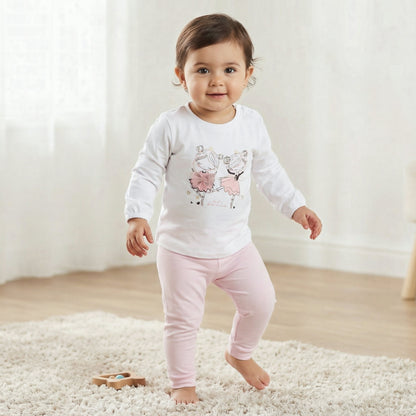 Juniors Cotton Round Neck Long Sleeves Pyjama Set with Ballerina Print