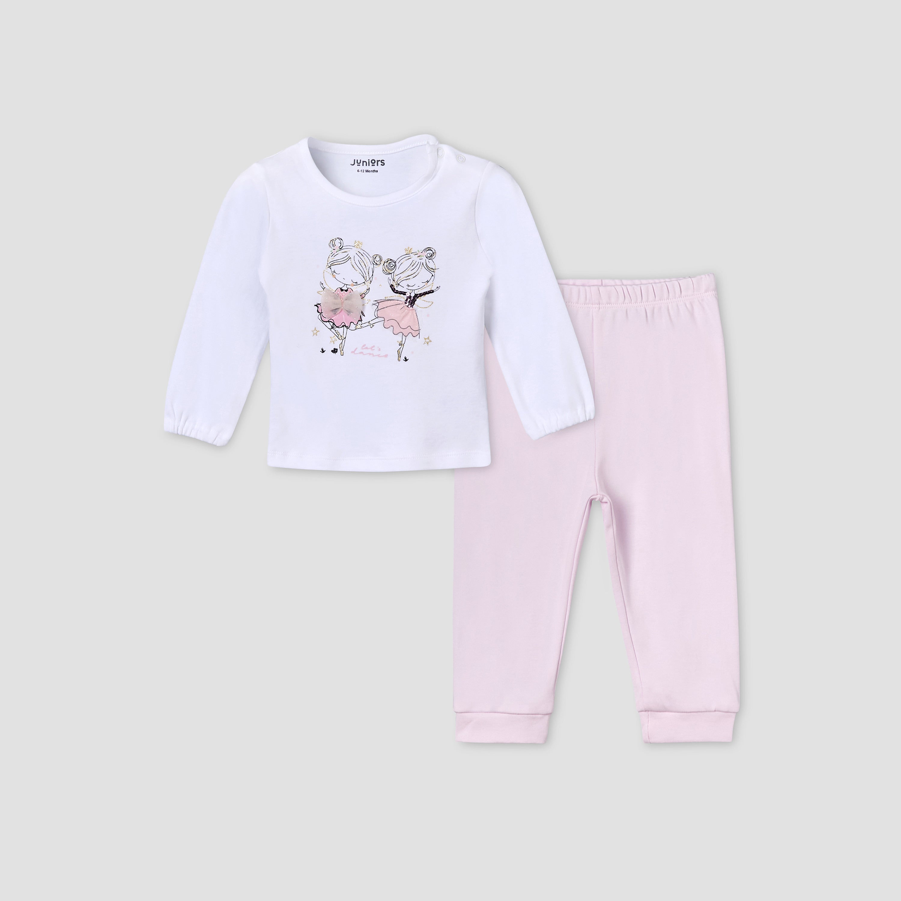 Juniors Cotton Round Neck Long Sleeves Pyjama Set with Ballerina Print