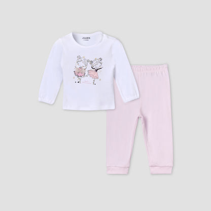 Juniors Cotton Round Neck Long Sleeves Pyjama Set with Ballerina Print