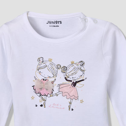 Juniors Cotton Round Neck Long Sleeves Pyjama Set with Ballerina Print