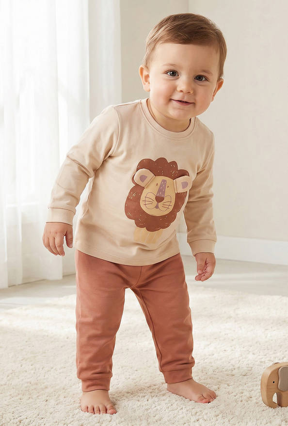 Juniors Cotton Crew Neck Long Sleeves Pyjama Set with Lion Print