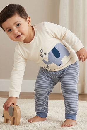 Juniors Cotton Crew Neck Long Sleeves Pyjama Set with Elephant Print