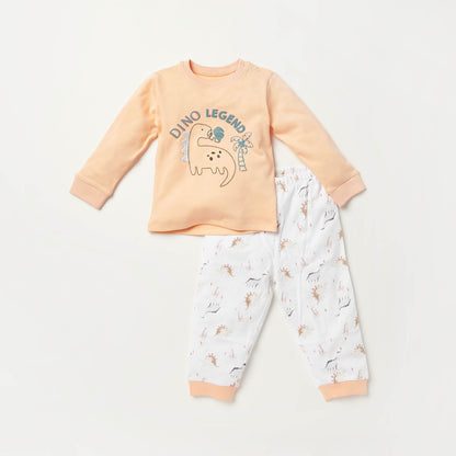 Juniors Dinosaur Print Long Sleeves T-shirt and Pyjama Set - Orange / 12-18 mths