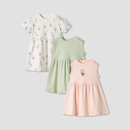 Juniors Printed Sleeveless A-line Dress - Set of 3 - Multicolour / 12-18 mths