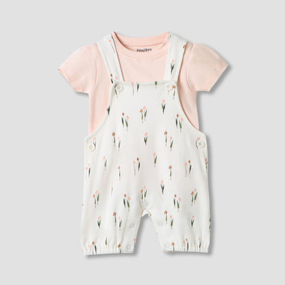Juniors Floral Print Dungaree and T-shirt Set - Pink / 12-18 mths