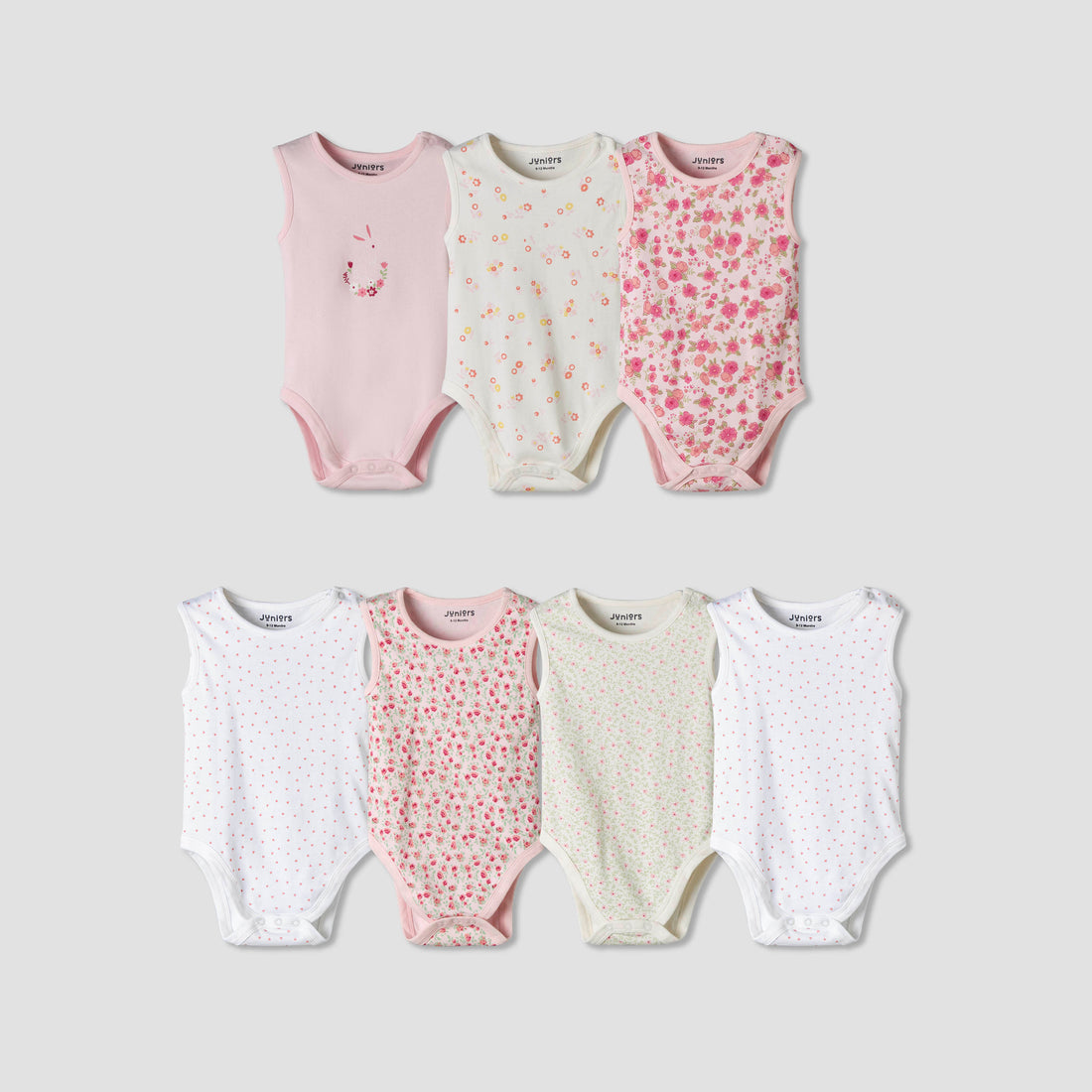 Pack of 7 Juniors Cotton Sleeveless Bodysuit with Floral Print - Multicolour / 12-18 mths