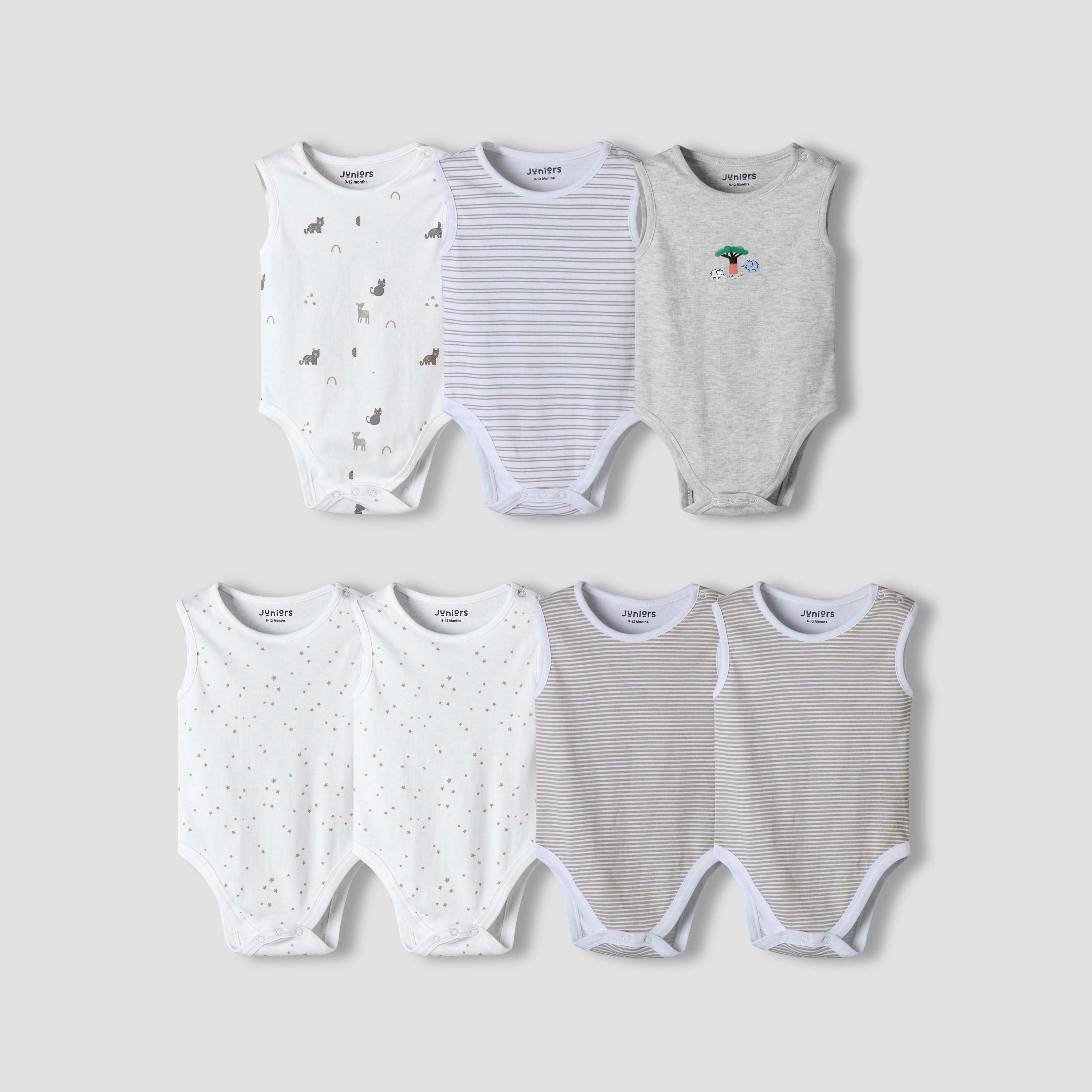 Pack of 7 Juniors Cotton Sleeveless Bodysuit with Assorted Print