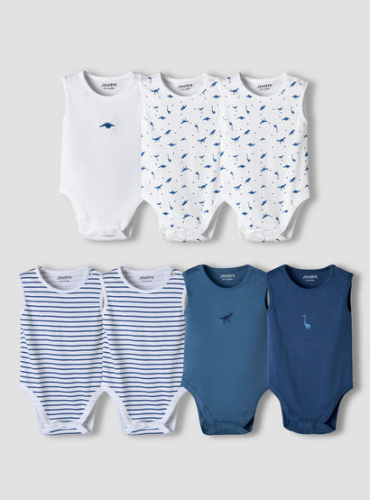 Pack of 7 Juniors Cotton Round Neck Sleeveless Bodysuit with Dinosaur Print-baby-girls-clothing-bodysuits-image-1