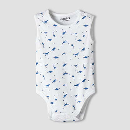 Pack of 7 Juniors Cotton Round Neck Sleeveless Bodysuit with Dinosaur Print