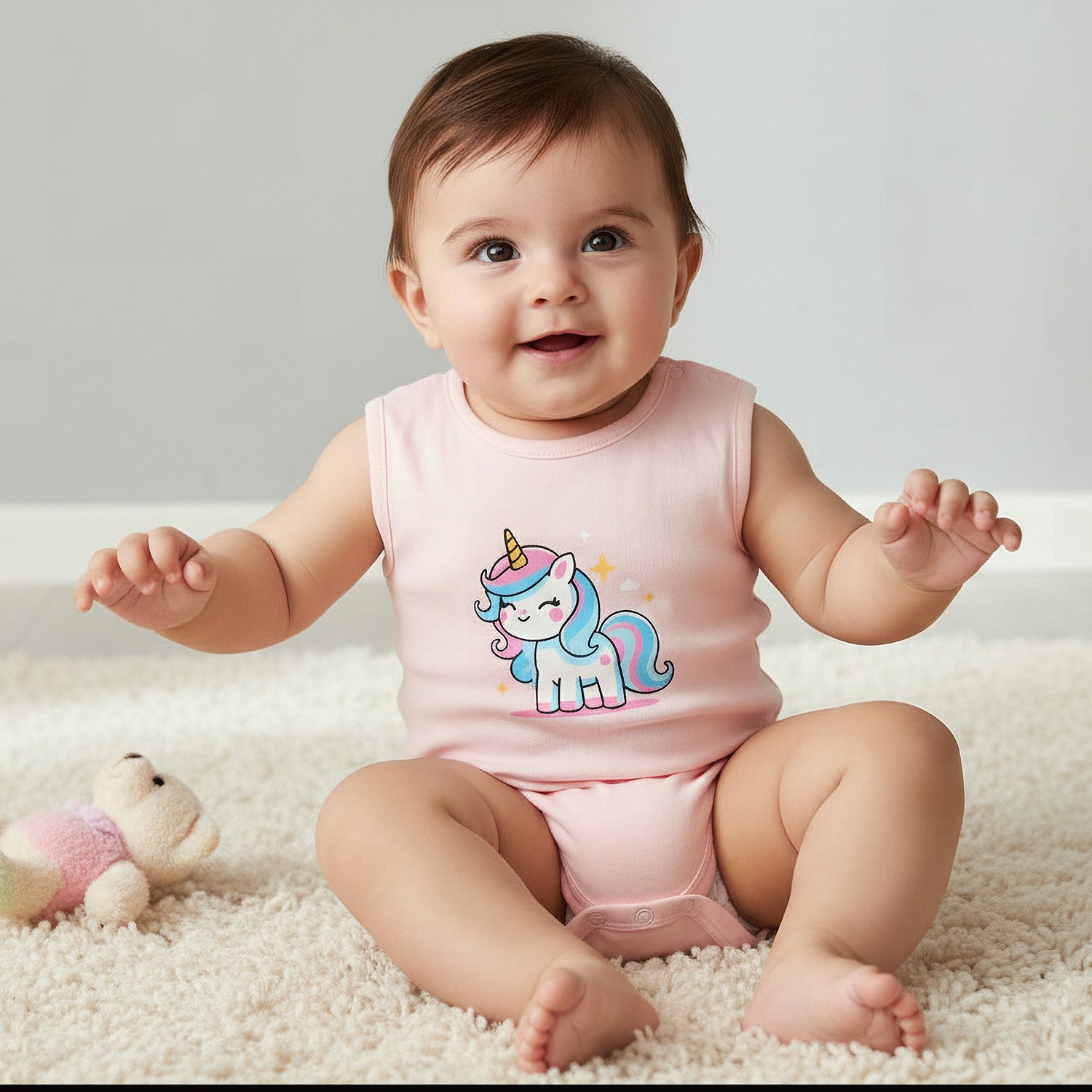 Pack of 7 Juniors Cotton Sleeveless Bodysuit with Unicorn Print
