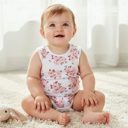 Pack of 7 Juniors Cotton Sleeveless Bodysuit with Floral Print
