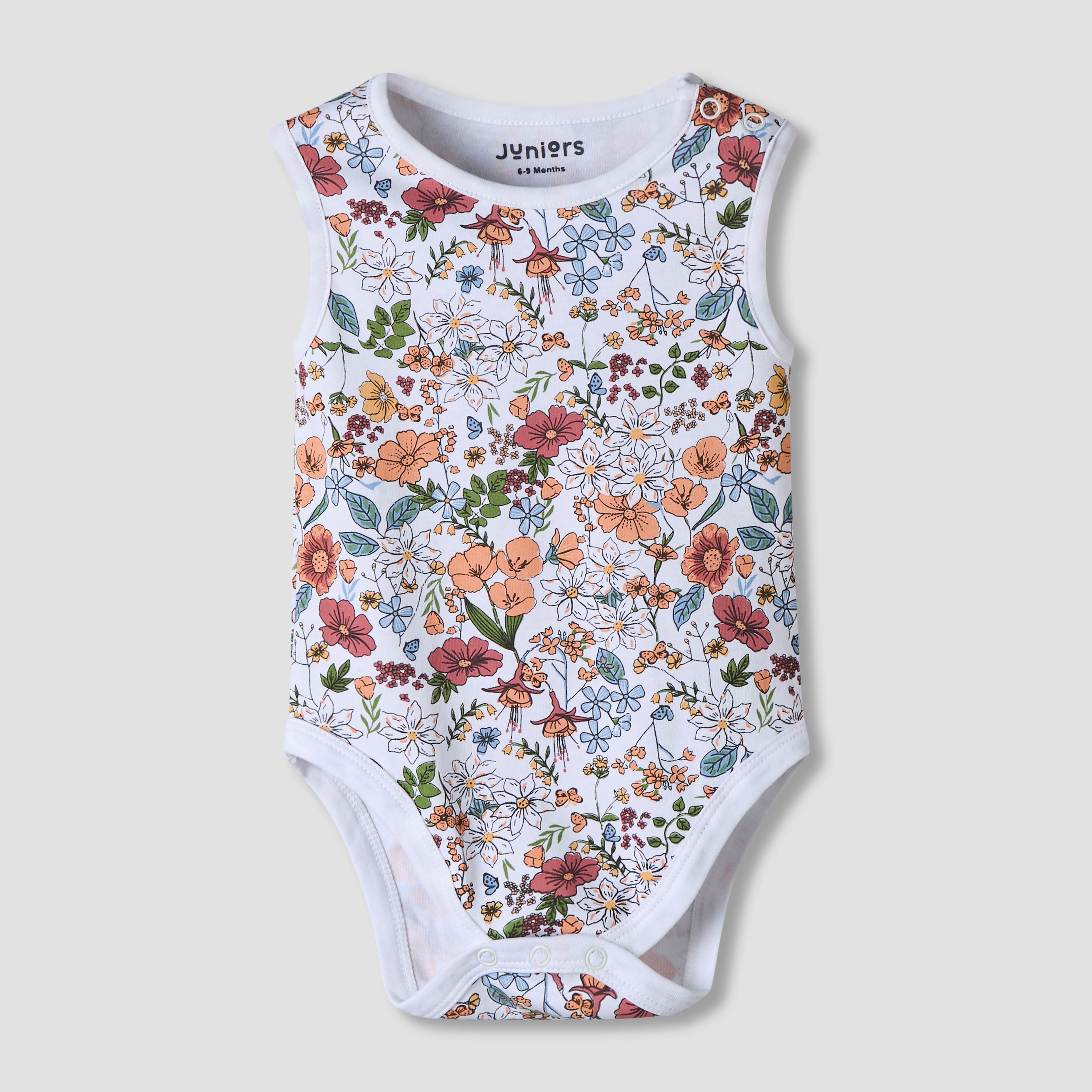 Pack of 7 Juniors Cotton Sleeveless Bodysuit with Floral Print