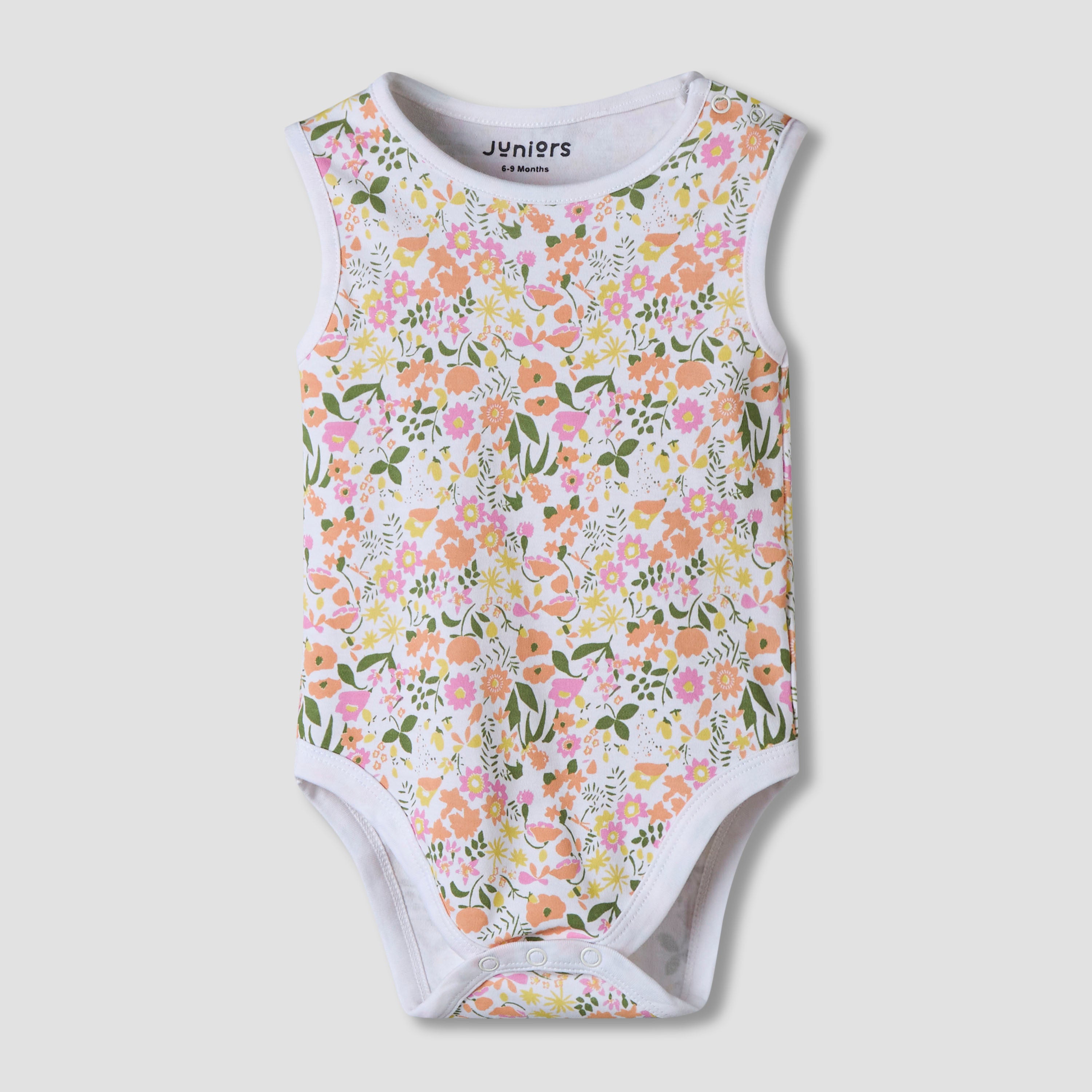 Pack of 7 Juniors Cotton Sleeveless Bodysuit with Floral Print