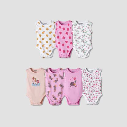 Pack of 7 Juniors Cotton Sleeveless Bodysuit with Assorted Print - Pink / 12-18 mths