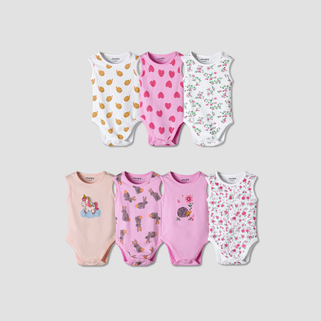 Pack of 7 Juniors Cotton Sleeveless Bodysuit with Assorted Print