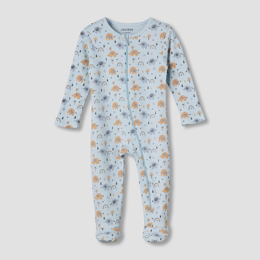 Juniors Cotton Round Neck Long Sleeve Sleepsuit with Zip Closure - Blue / 12-18 mths