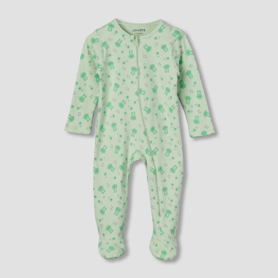 Juniors Cotton Round Neck Long Sleeve Sleepsuit with Zip Closure - Green / 12-18 mths