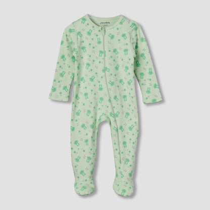 Juniors Cotton Round Neck Long Sleeve Sleepsuit with Zip Closure - Green / 12-18 mths