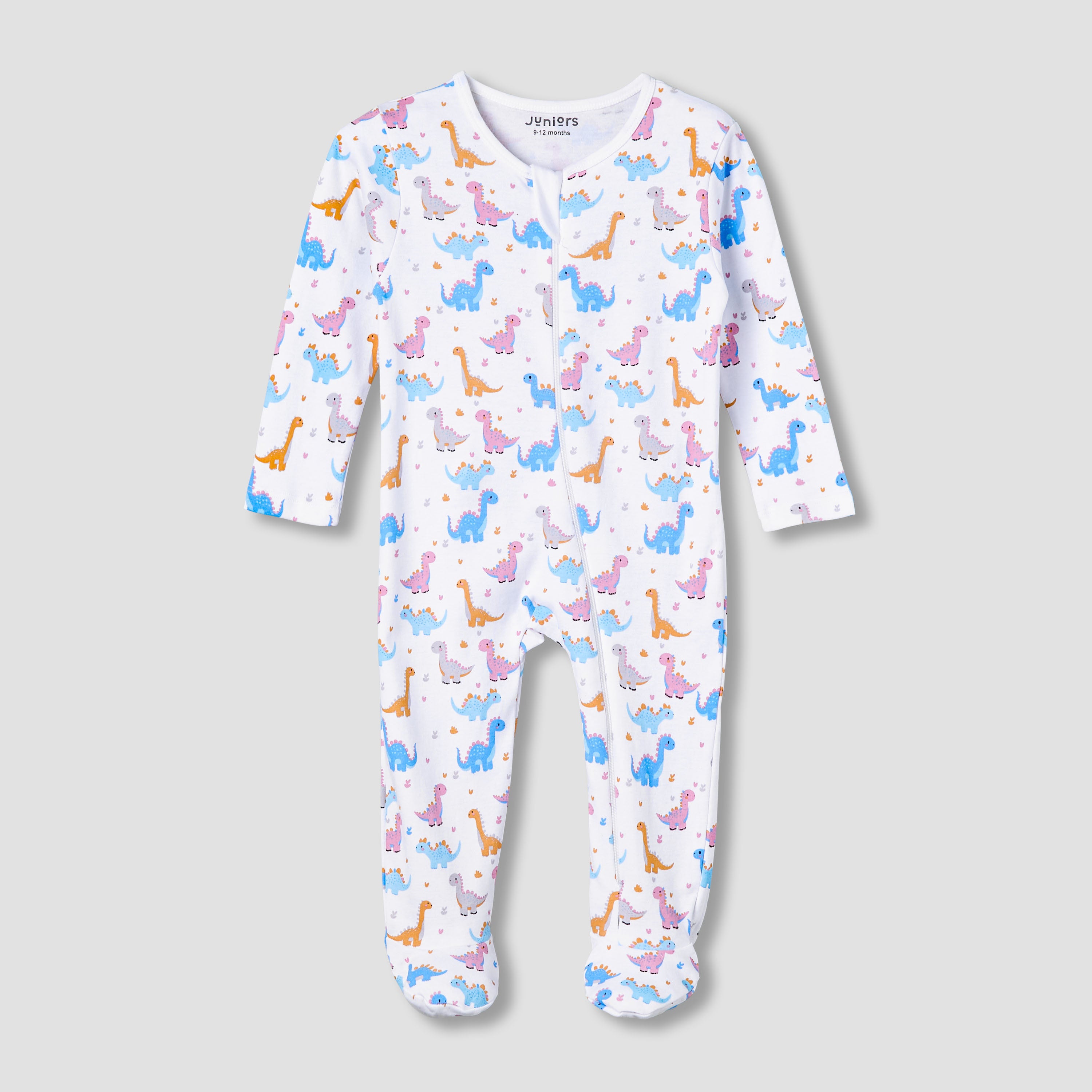 Juniors Cotton Round Neck Long Sleeve Sleepsuit with Zip Closure - Multicolour / 12-18 mths