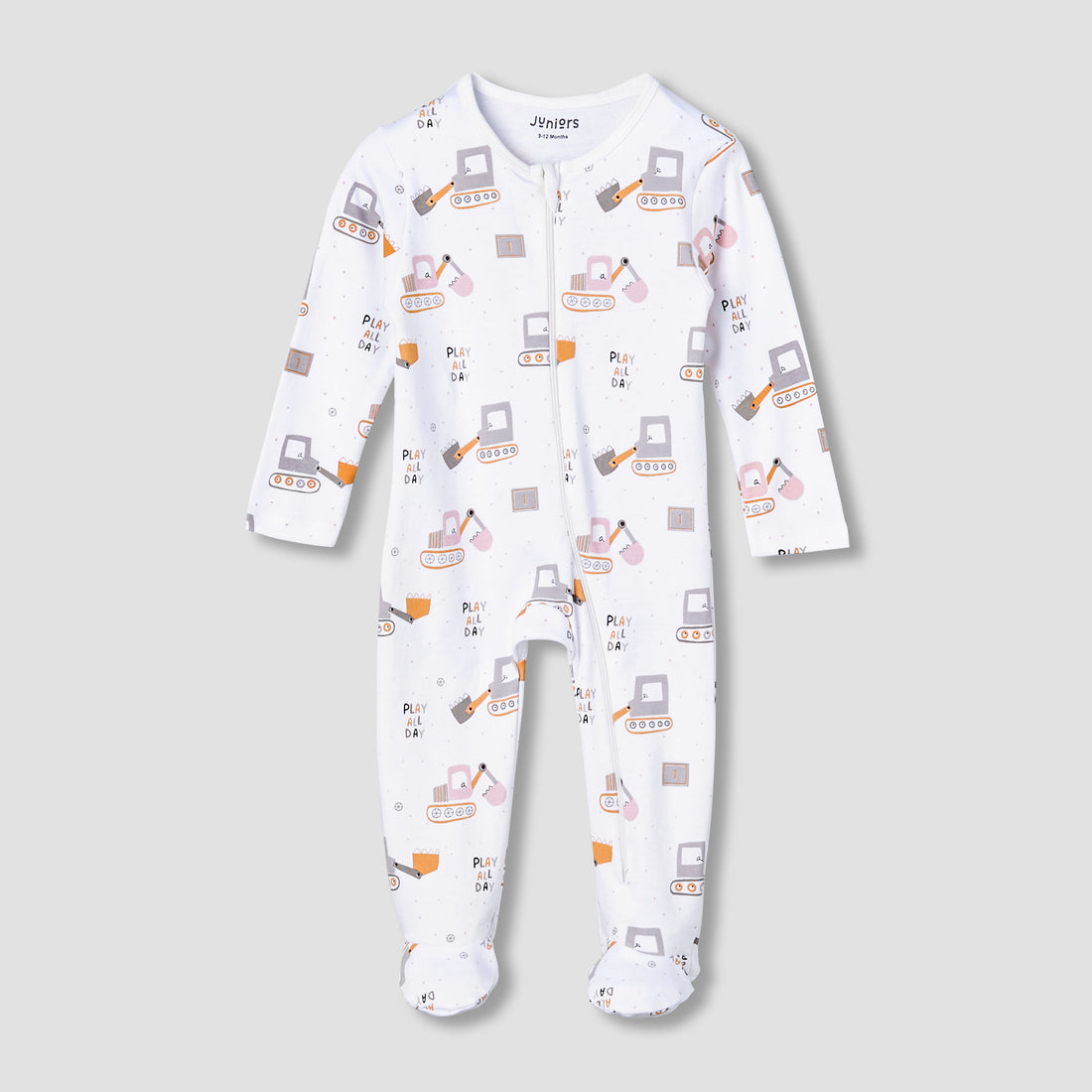 Juniors Cotton Round Neck Long Sleeve Sleepsuit with Zip Closure - White / 12-18 mths