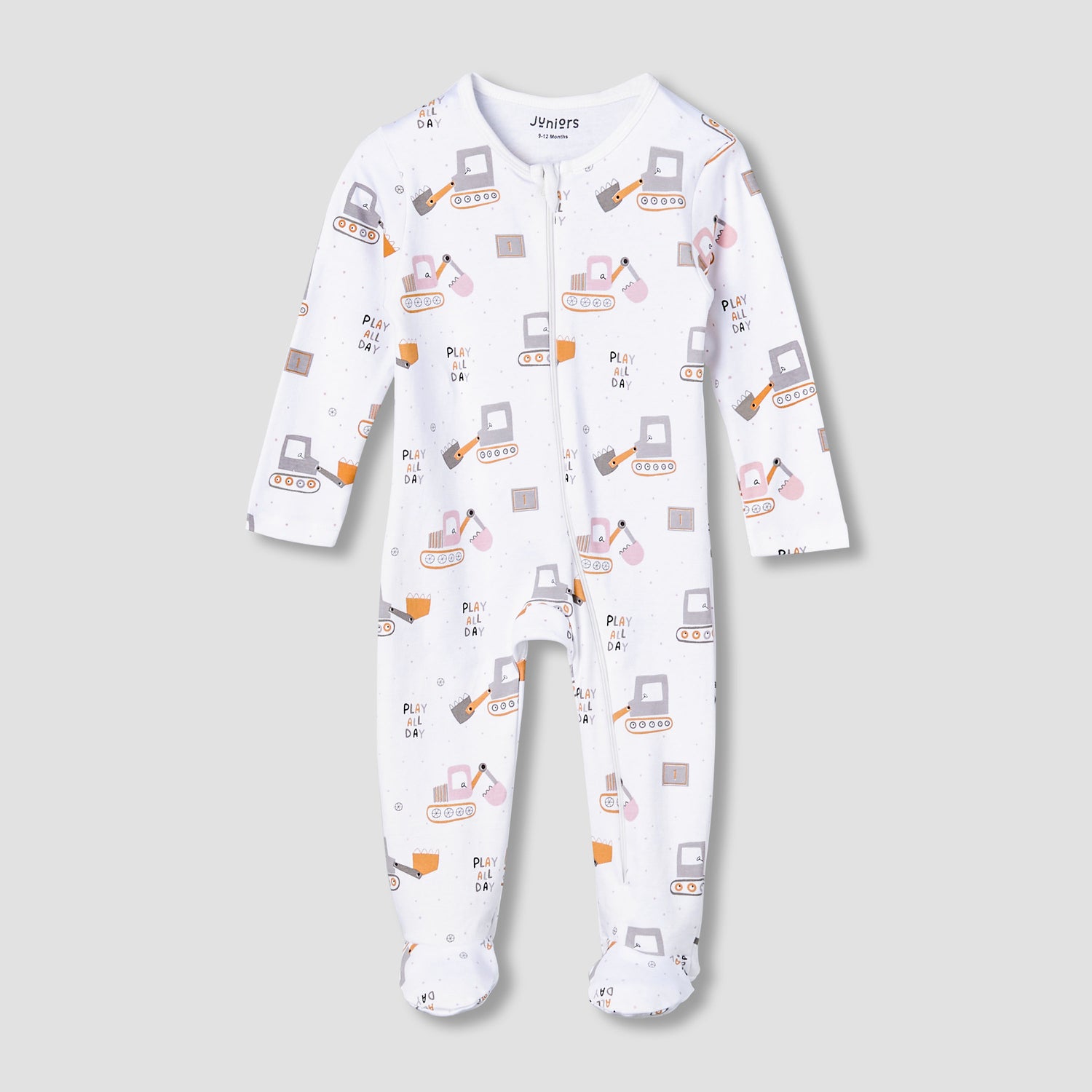 Juniors Cotton Round Neck Long Sleeve Sleepsuit with Zip Closure - White / 12-18 mths