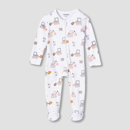 Juniors Cotton Round Neck Long Sleeve Sleepsuit with Zip Closure - White / 12-18 mths