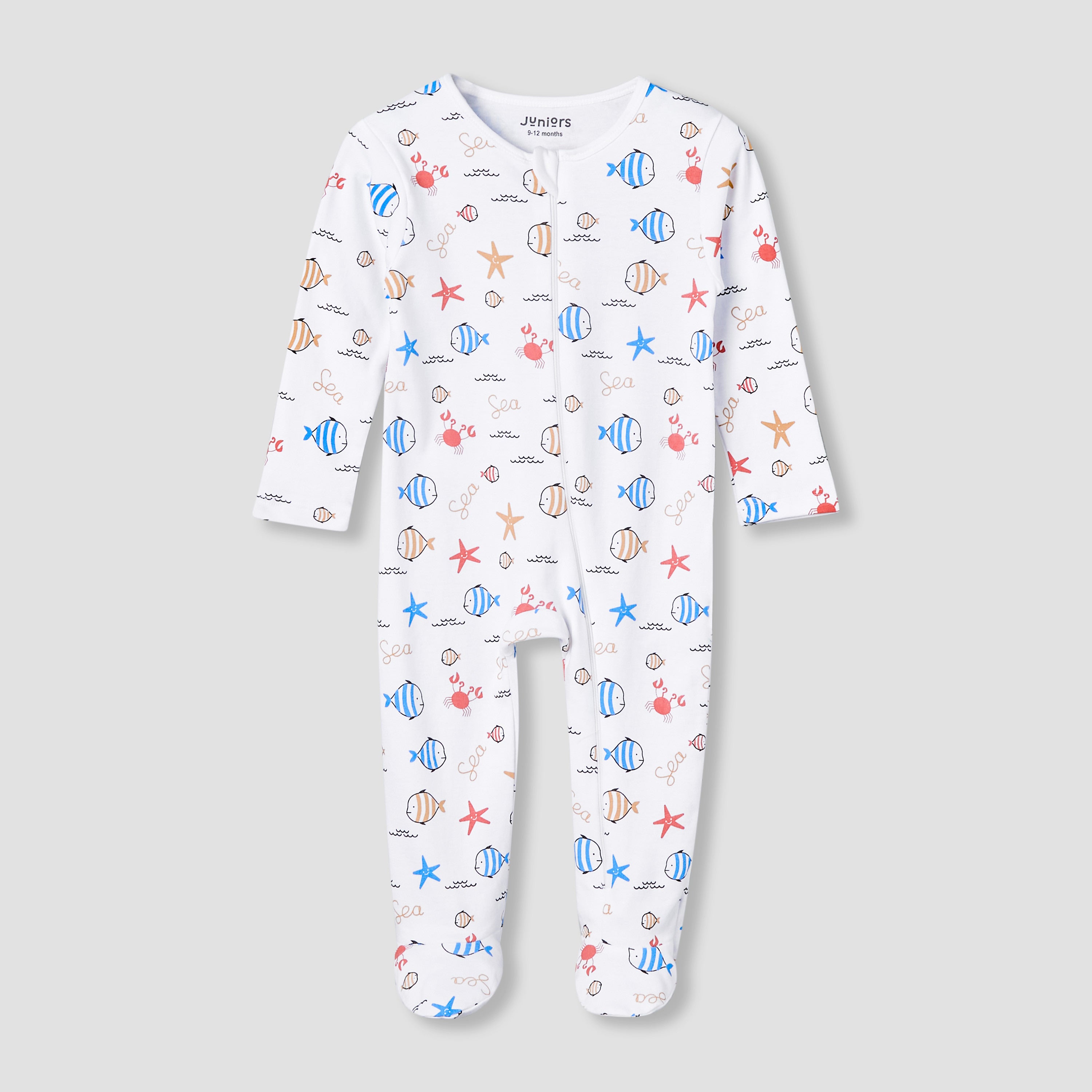 Juniors Cotton Round Neck Long Sleeve Sleepsuit with Zip Closure - Multicolour / 12-18 mths