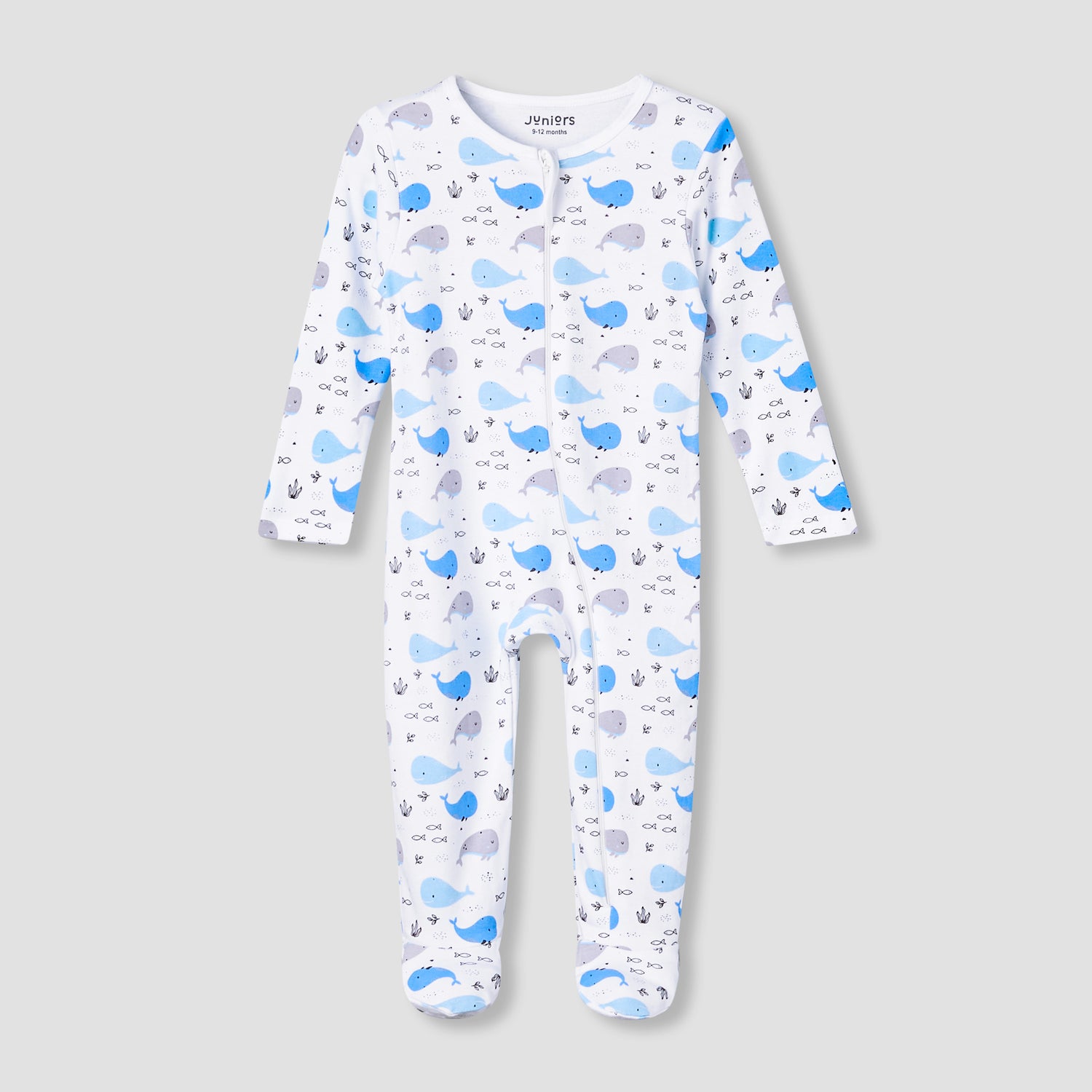 Juniors Cotton Round Neck Long Sleeve Sleepsuit with Zip Closure - Multicolour / 12-18 mths