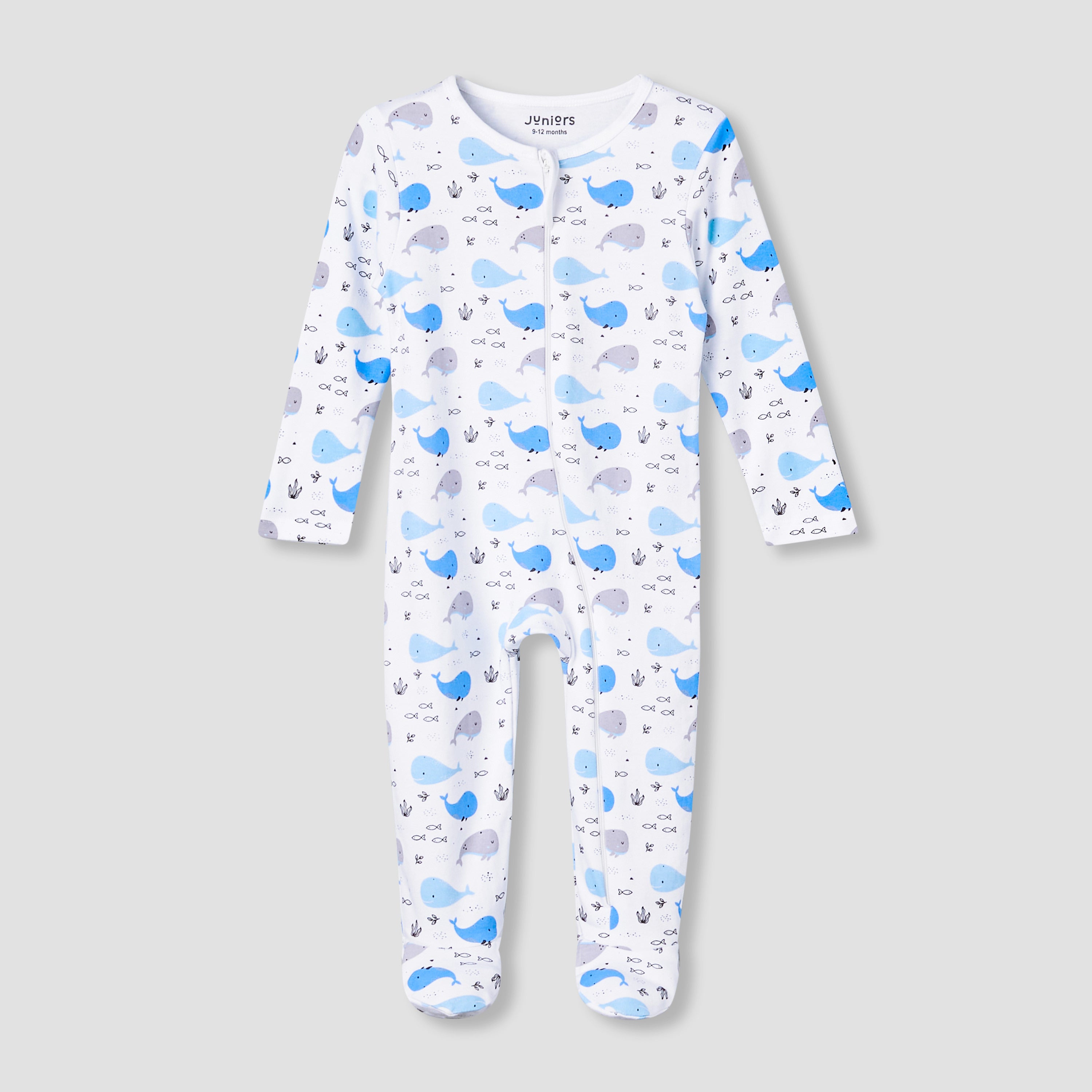 Juniors Cotton Round Neck Long Sleeve Sleepsuit with Zip Closure - Multicolour / 12-18 mths