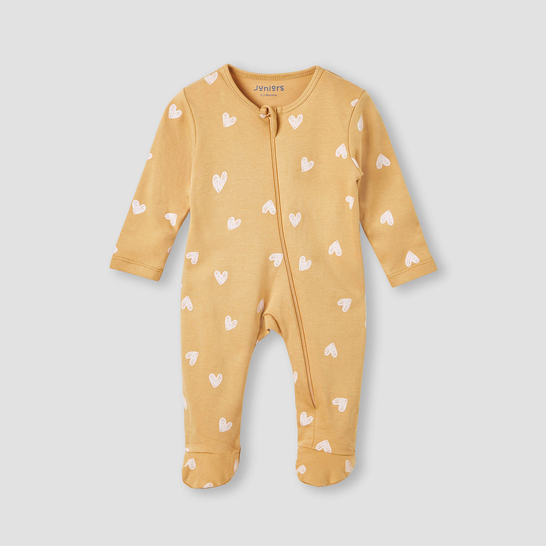 Juniors Heart Print Sleepsuit with Long Sleeves and Zip Closure - Yellow / 12-18 mths
