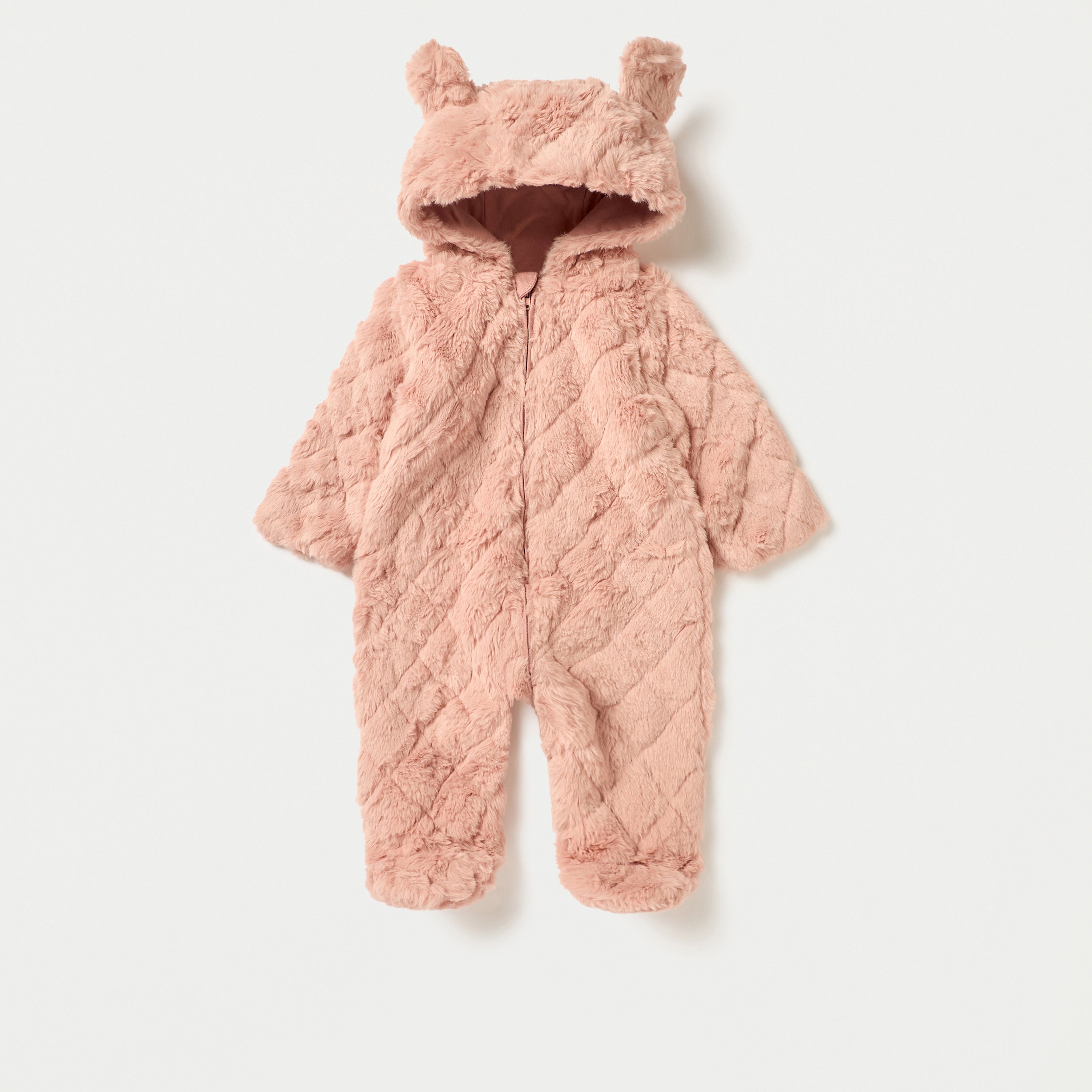 Juniors Faux Fur Textured Hooded Sleepsuit with Applique Detail and Zip Closure - Pink / 9-12 mths