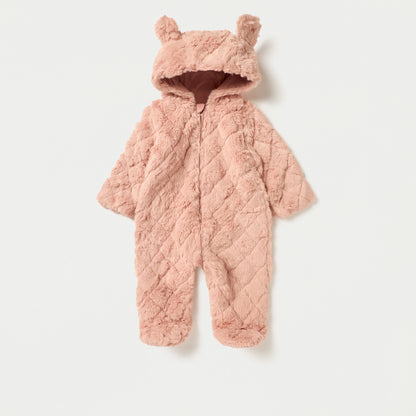 Juniors Faux Fur Textured Hooded Sleepsuit with Applique Detail and Zip Closure - Pink / 9-12 mths