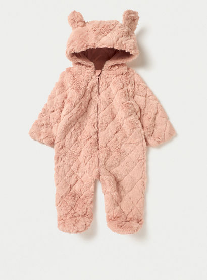 Juniors Faux Fur Textured Hooded Sleepsuit with Applique Detail and Zip Closure-baby-girls-clothing-nightwear-sleepsuits-image-1