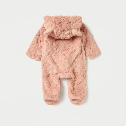 Juniors Faux Fur Textured Hooded Sleepsuit with Applique Detail and Zip Closure