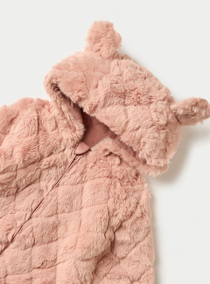 Juniors Faux Fur Textured Hooded Sleepsuit with Applique Detail and Zip Closure-baby-girls-clothing-nightwear-sleepsuits-image-3